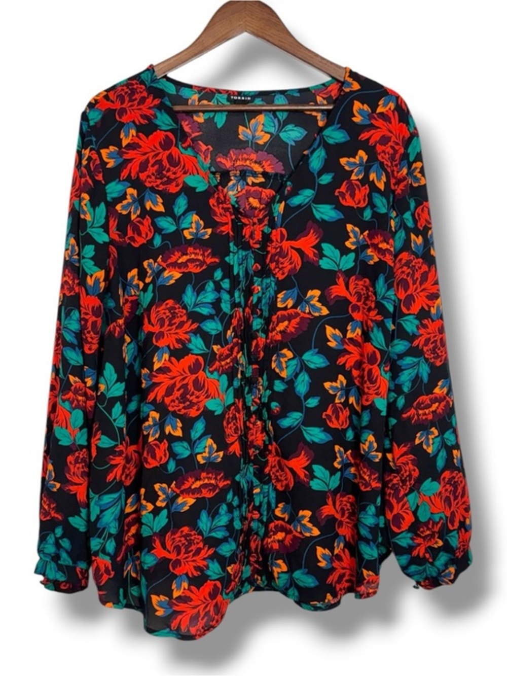 Torrid Red Floral Long Sleeve Blouse Top Micro Pleat Placket Size 3X Romantic